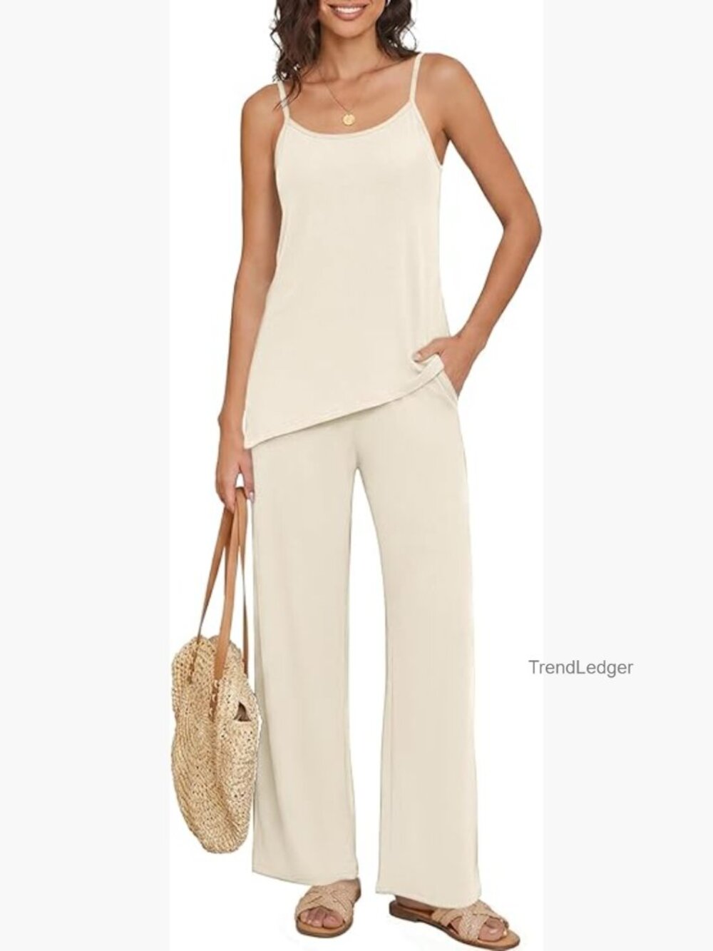 2 Piece Wide Leg Pant Set Spaghetti Strap Cami Loungewear Vacation Outfit